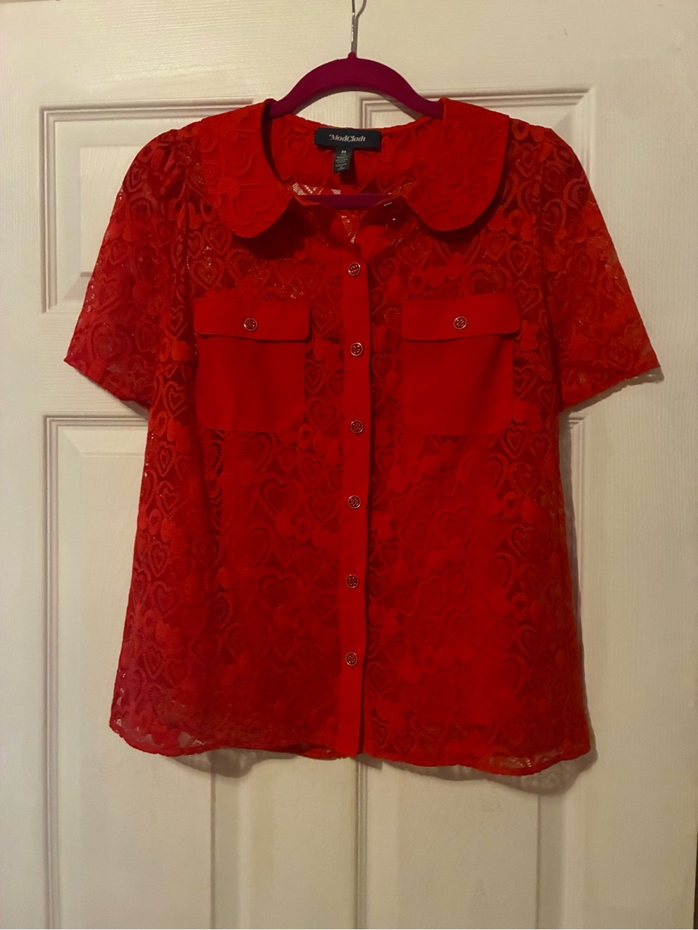 ModCloth Red Lace Button-Front Short Sleeve Blouse Size M